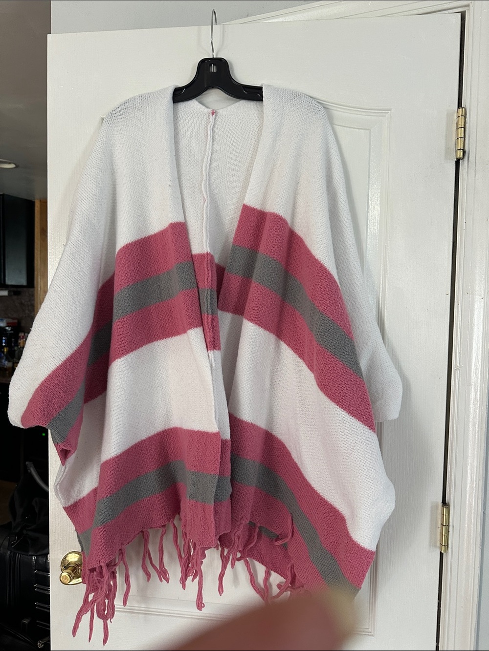Women's White & Pink Striped Fringe Knit Sweater